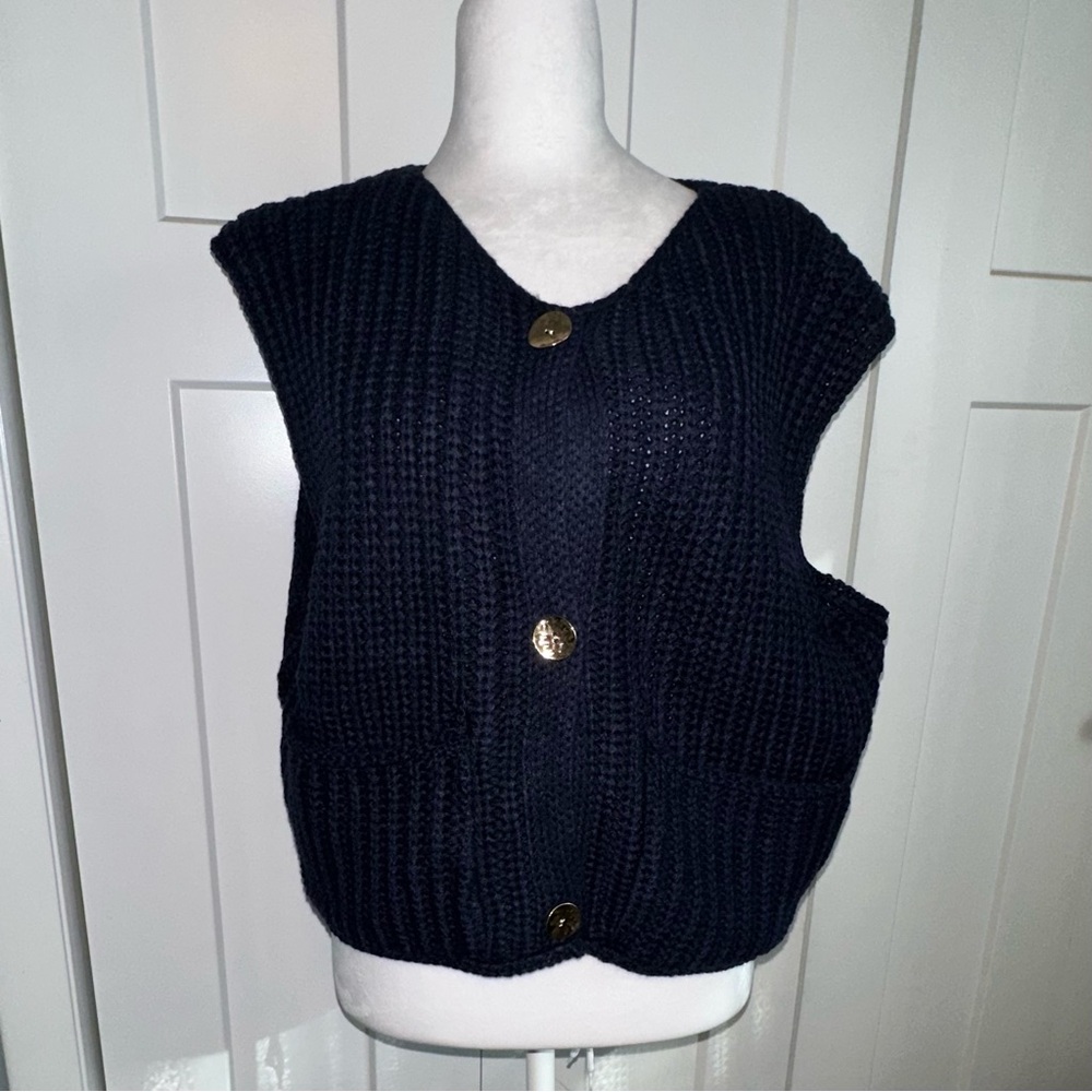 Women's Crochet Knit Navy Sweater Vest with Gold Buttons - XL - nwot